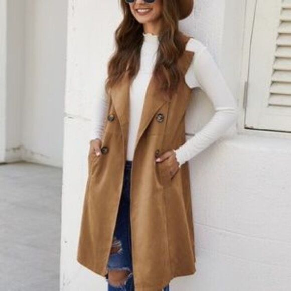 Classic Coffee  Long Vest Coat Pocket Jacket - Picture 6 of 12